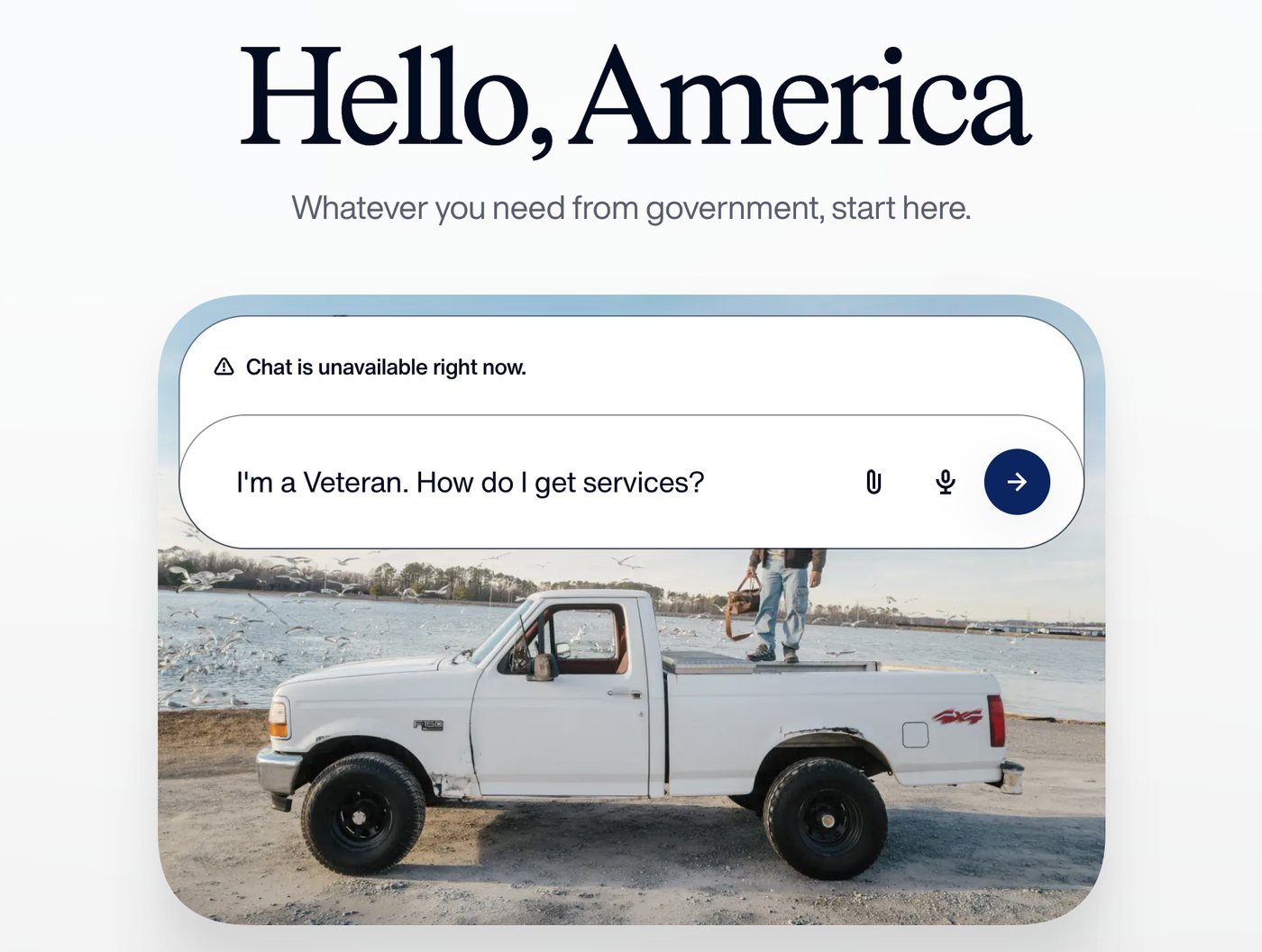 The America.gov home page with the message Chat is unavailable right now