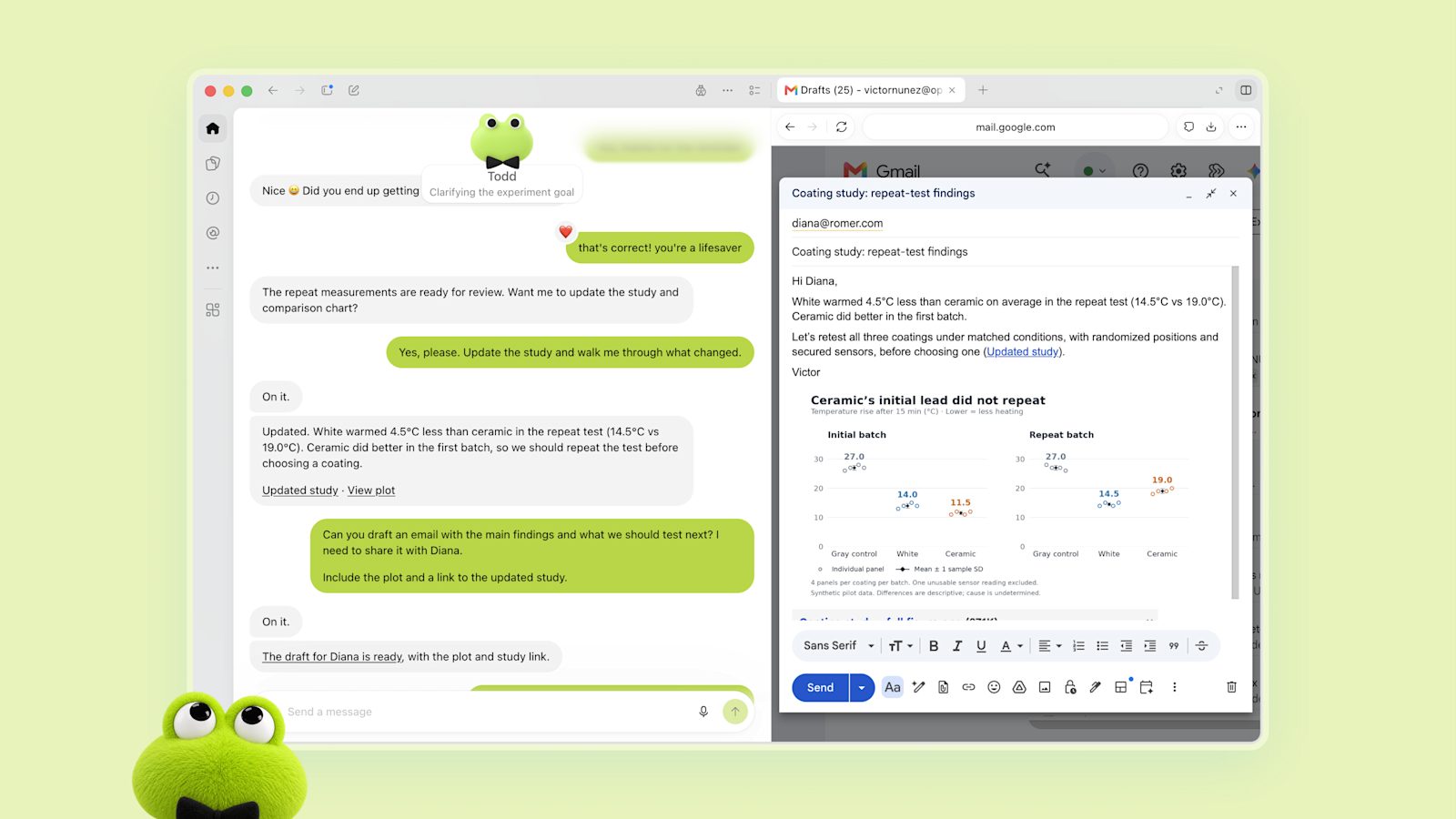 A dot drafting an email of study findings with a chart