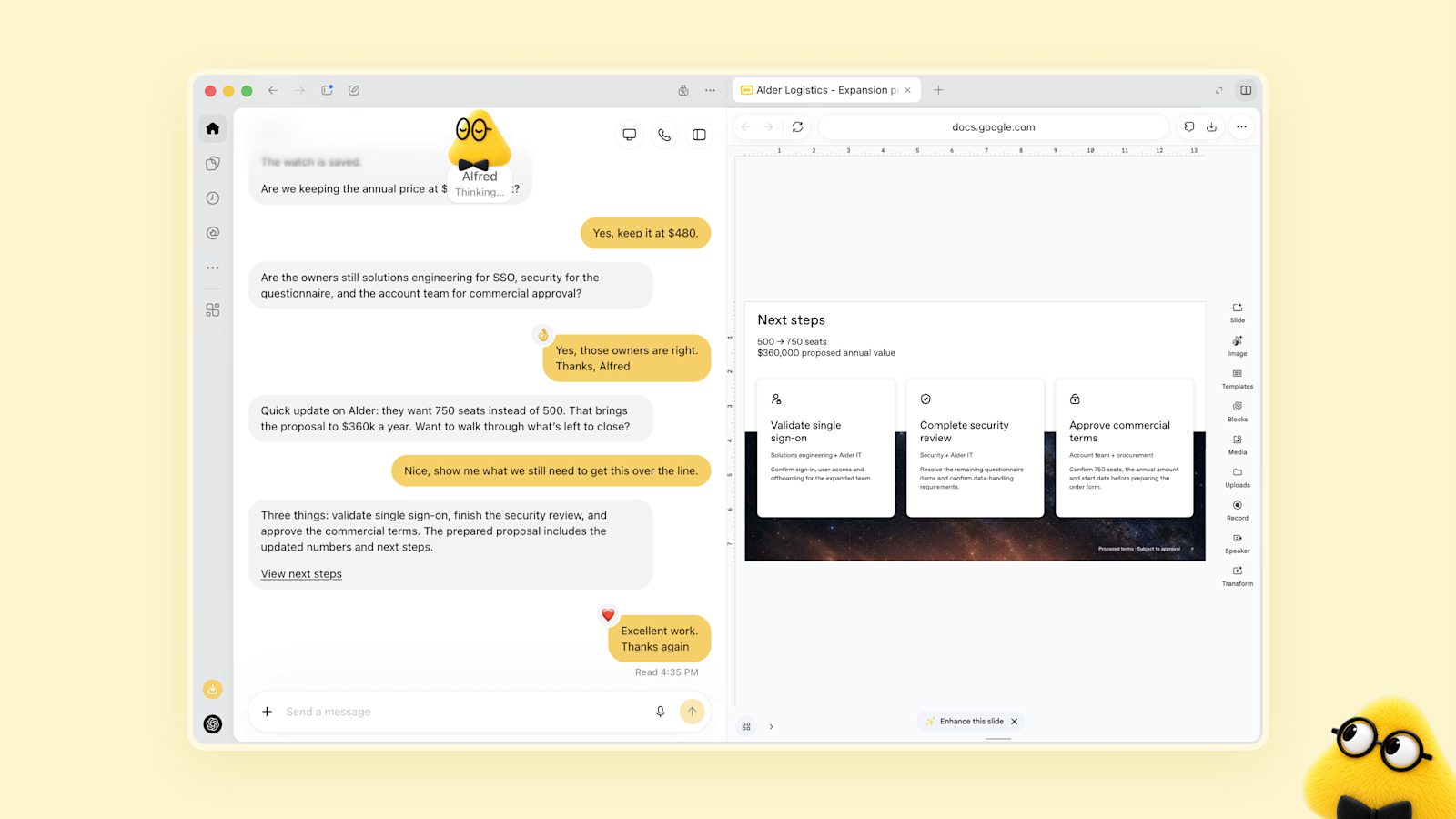 A dot updating a sales proposal slide while chatting about seats and price