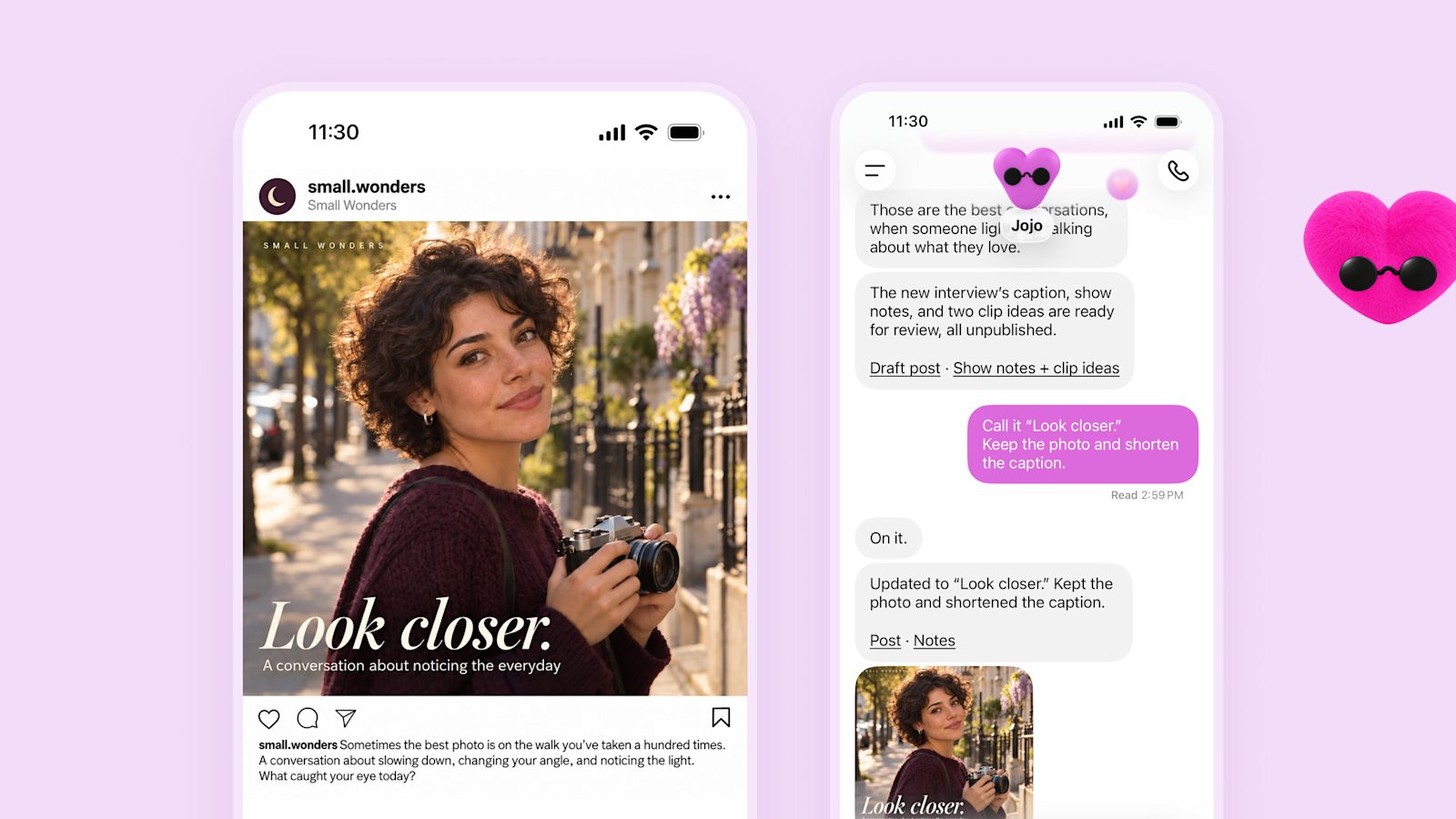 A dot drafting a social post from an interview for the creator to approve